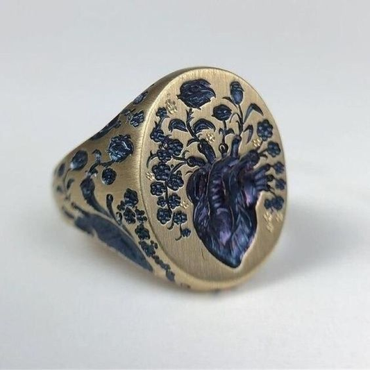 Anillo vintage de oro de flores azules
